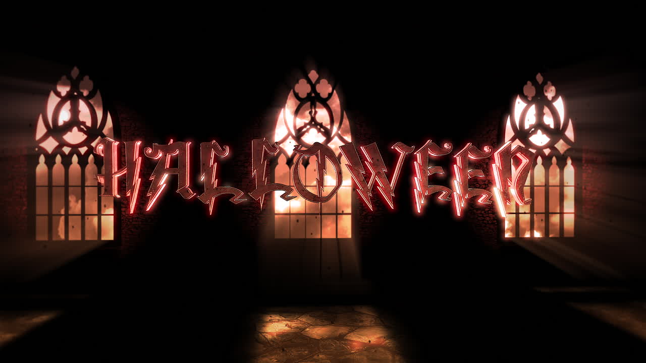 오래된 성의 어두운 홀과 붉은 달빛이 있는 할로윈