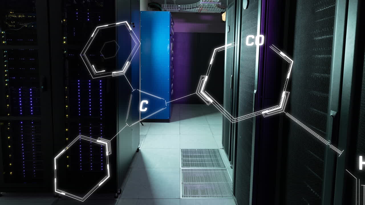 Animation af flydende kemiske strukturer og databehandling mod et computerserverrum.