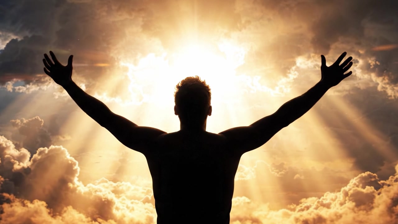 Una figura si erge contro un cielo radioso, a braccia aperte, abbracciando la luce potente che si fa strada tra una distesa di nuvole, a simboleggiare speranza e liberazione.