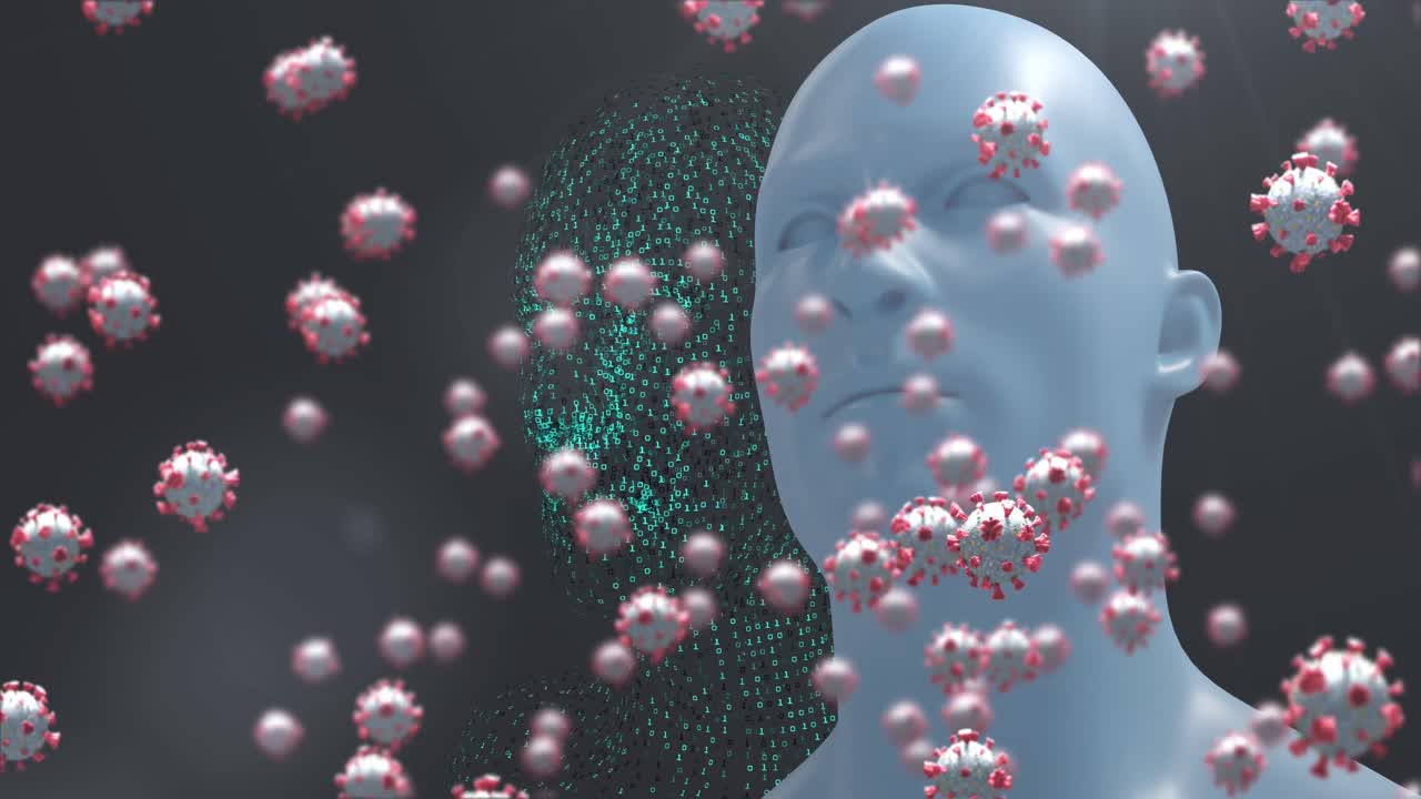 어두운 배경 위에 떨어지는 코로나19 세포의 애니메이션