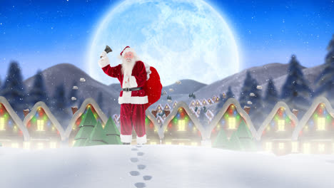 Santa-clause-in-front-of-decorated-houses-in-winter-scenery-combined-with-falling-snow