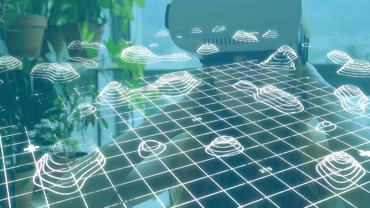 지도의 선을 가진 그리드에 맞춰 가상 현실 헤드 ⁇ 을 착용한 여성의 애니메이션