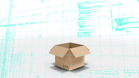 Data processing on grid network delivery box opening against white background
