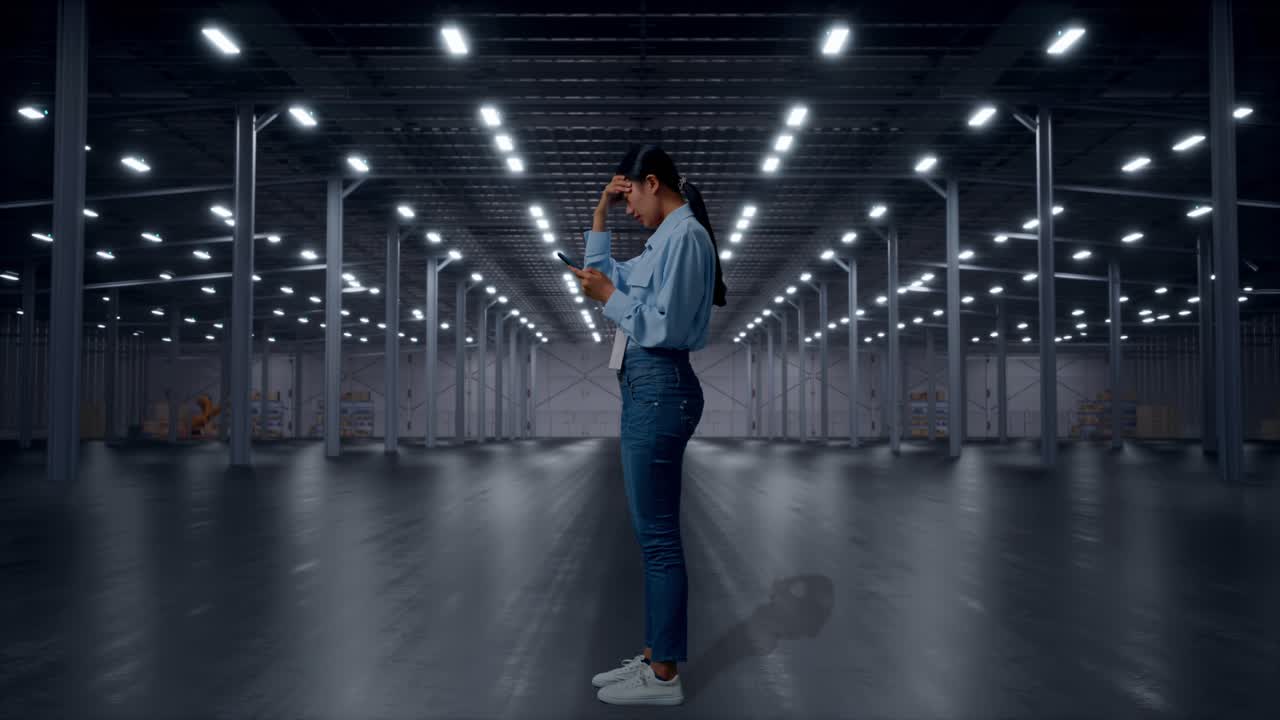 Vista lateral de cuerpo completo de una mujer asiática con su teléfono en un almacén moderno vacío, asintiendo con la cabeza con decepción.
