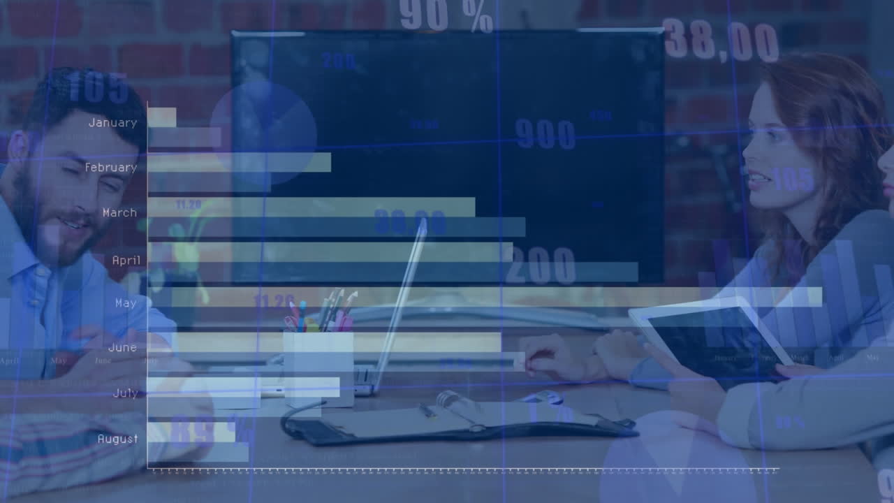 Animation of month bars, graphs and numbers over caucasian coworkers sharing ideas in meeting