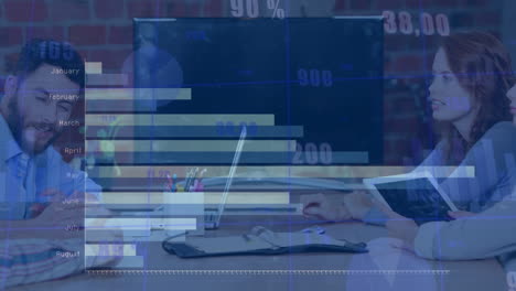 animation of month bars, graphs and numbers over caucasian coworkers sharing ideas in meeting