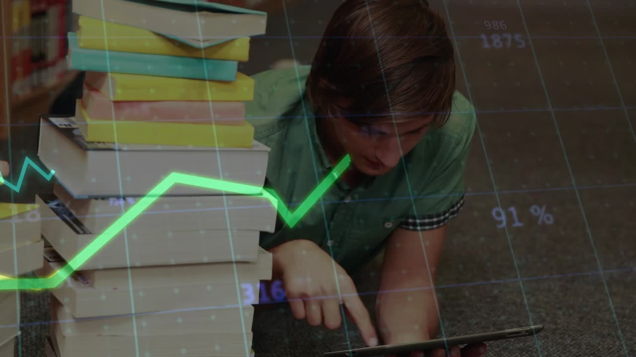Man in library aisle tapping tablet, initiating green yellow chart overlay for researching books