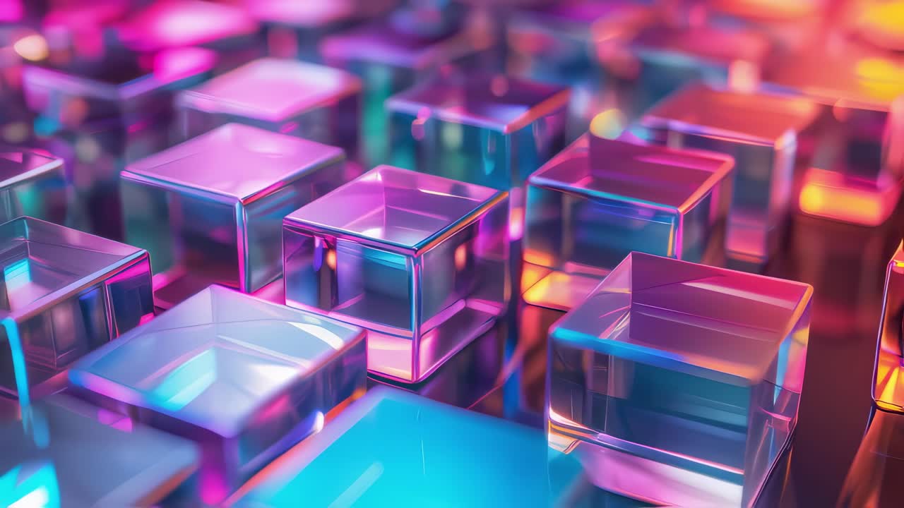Crystal glass cubes reflecting dynamic neon lights, generating mesmerizing color spectrum with iridescent gradient transforming across futuristic digital landscape