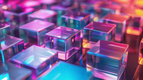 crystal glass cubes reflecting dynamic neon lights, generating mesmerizing color spectrum with iridescent gradient transforming across futuristic digital landscape
