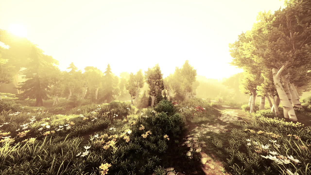 만화의  ⁇ 빛이 나무들을 가로질러 흐르고 있습니다.