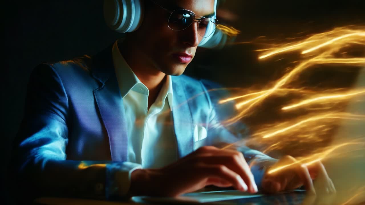 A Young Man Immersed in Sound and Technology, Wearing Headphones and Stylish Sunglasses, Engaged in Online Activities While Radiant Light Effects Create a Dynamic Atmosphere Around Him