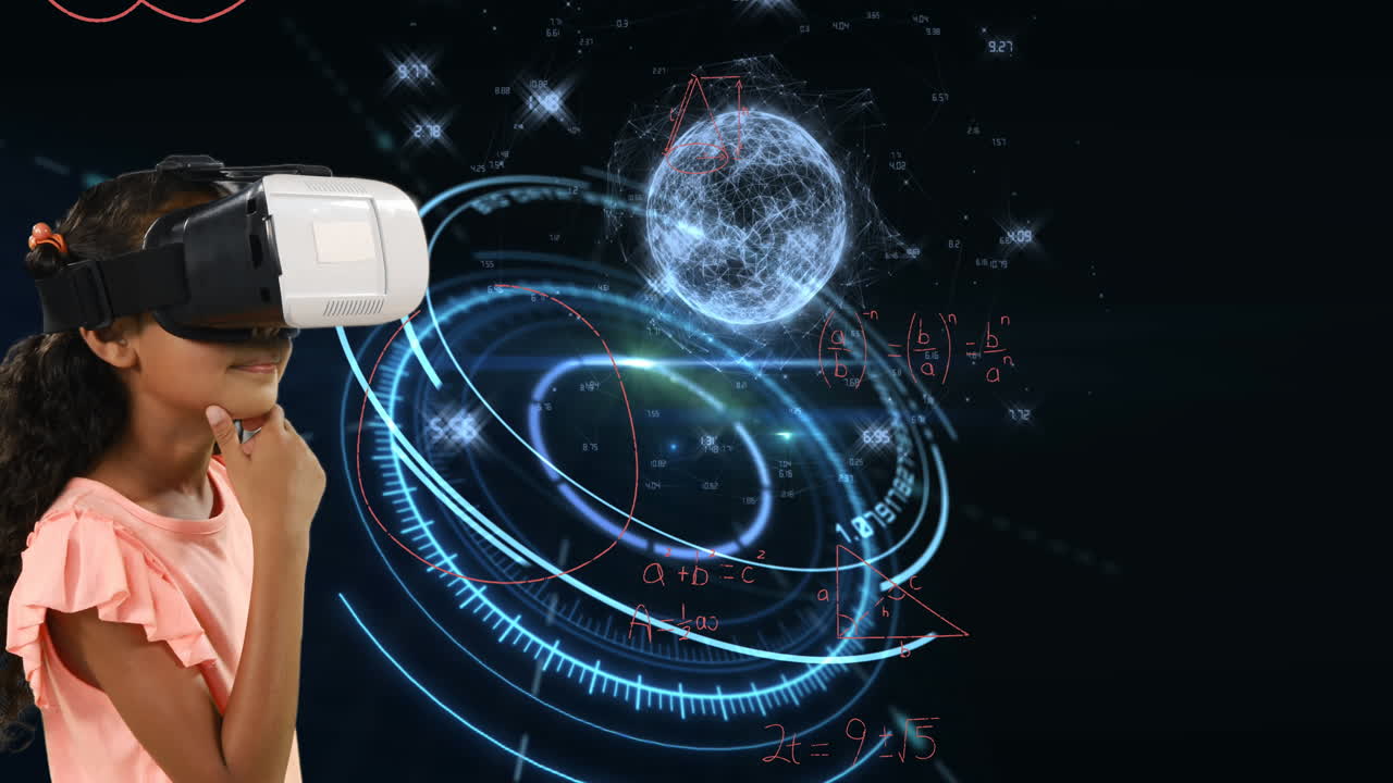 수학 방정식은 스 ⁇  스캔과 회전하는 지구에 대해 vr 헤드 ⁇ 을 사용하는 소녀를 떠다니고 있습니다.