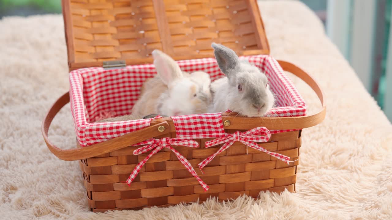 초록색 보케 자연 배경으로 피크닉 바구니에 앉아있는 아기 부활절 털 토끼 그룹. 토끼는 주위를 둘러보고 새를 맡는다. 귀여운 동물 애완동물