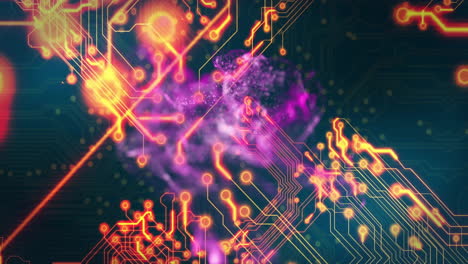 circuit board and neural network animation over colorful abstract background