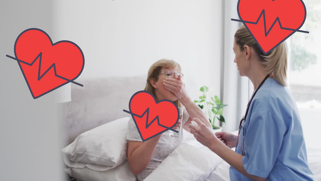 Animation of hearts with cardiograph over caucasian female doctor and patient