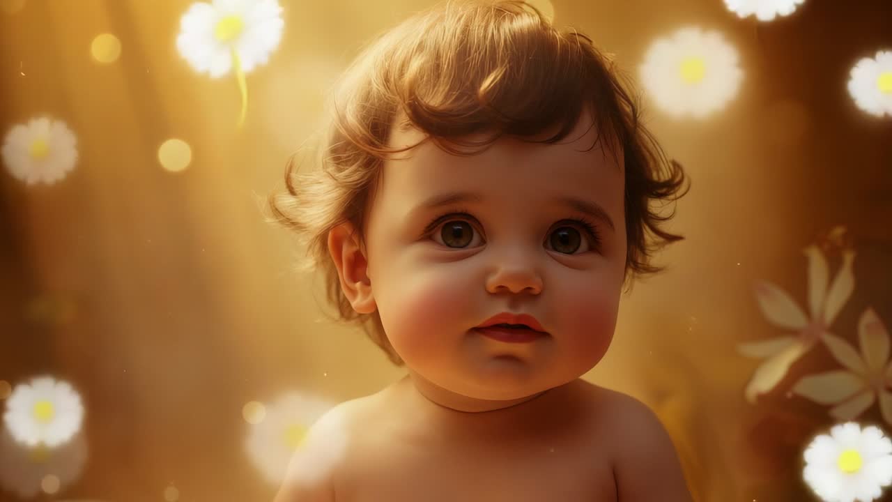 Gazing curious infant tracking daisies drifting from sides in sunlit glade, with glowing particles