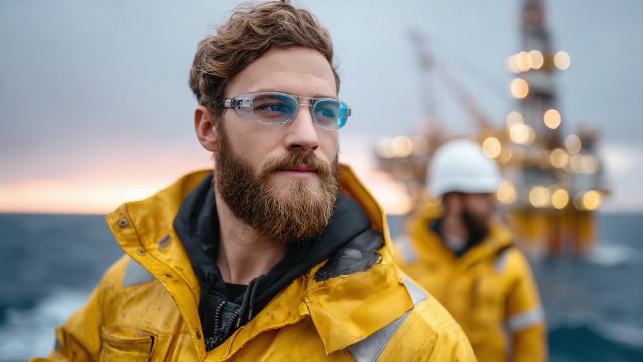 Focused oil rig worker in a protective yellow jacket displays dedication and determination against a backdrop of an offshore drilling rig during a dramatic sunset