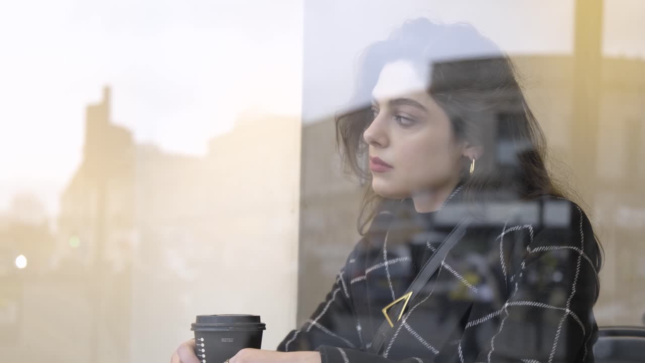 contemplando a una joven sentada en un acogedor café sola tomando café y mirando por la ventana a la ajetreada ciudad, el centro de londres