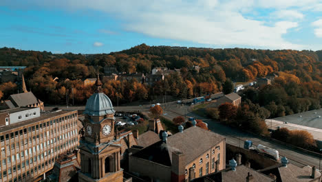 aerial drone footage of the english market town centre of dewsbury in west yorkshire in the uk showing the historical town centre and the dewsbury townhall