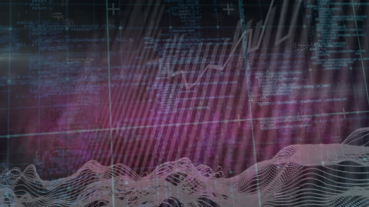 분홍색 배경에 디지털 파도에 대항하여 그리드 네트워크를 통해 데이터 처리의 애니메이션