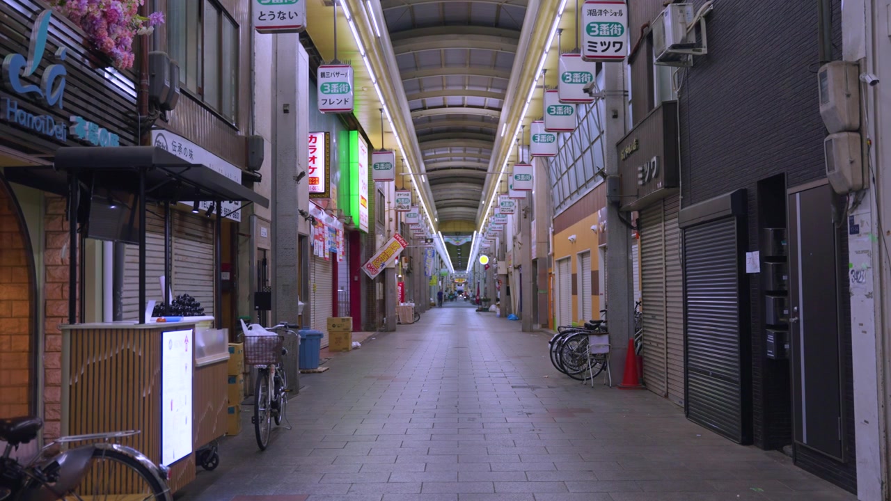 大阪市西成区の古いアーケード商店街、レトロな日本スタイル。
