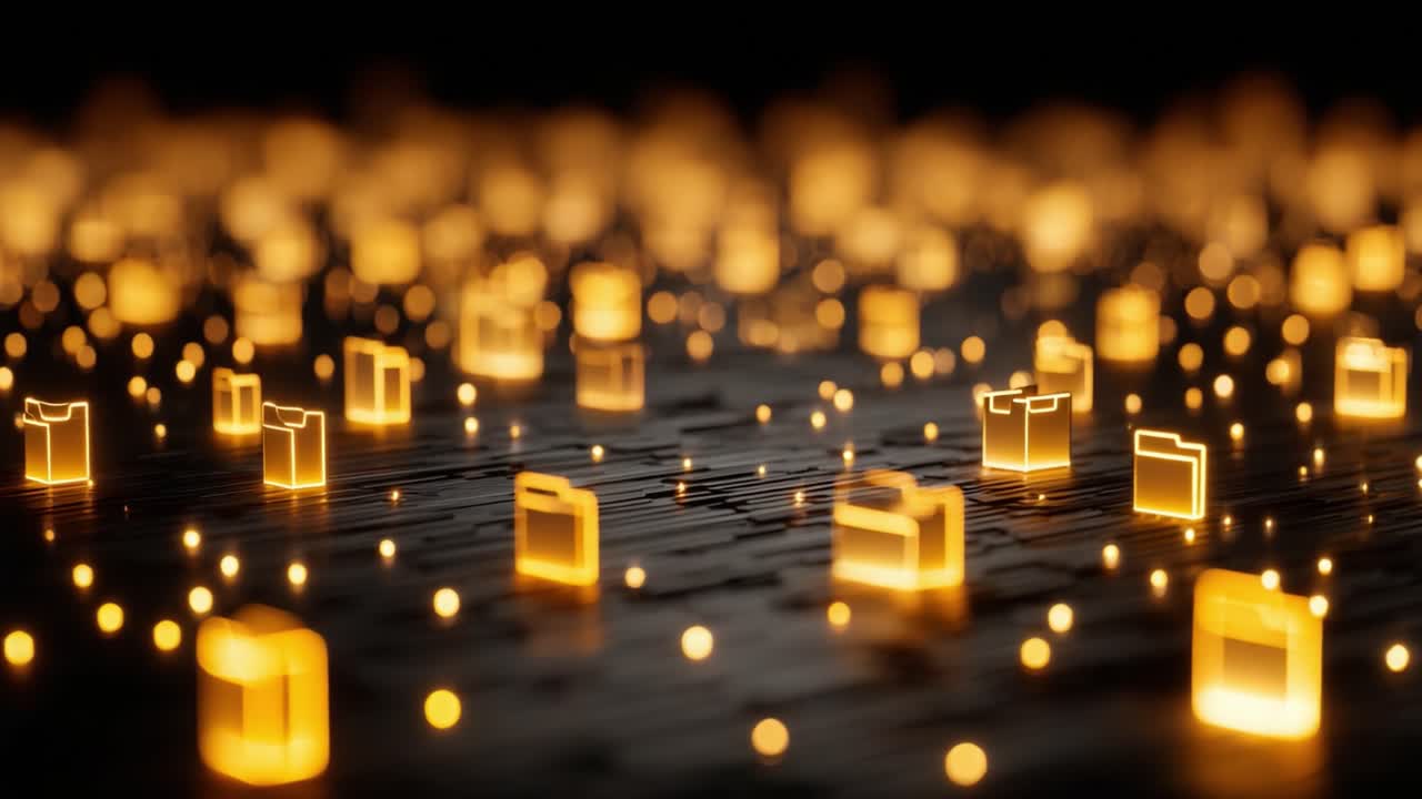 A mesmerizing array of glowing, golden icons flickering against a dark background, creating a captivating ambiance that invites wonder and curiosity