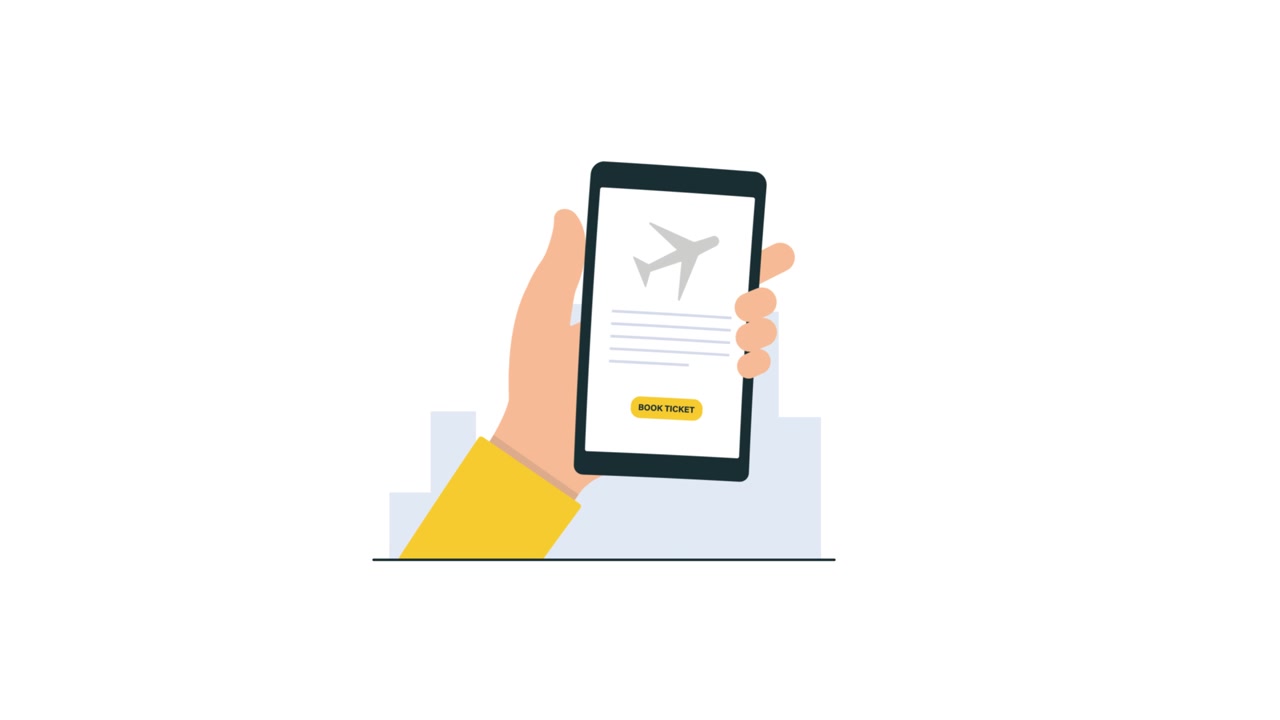 Animeret hånd, der booker flybillet på smartphone-app.