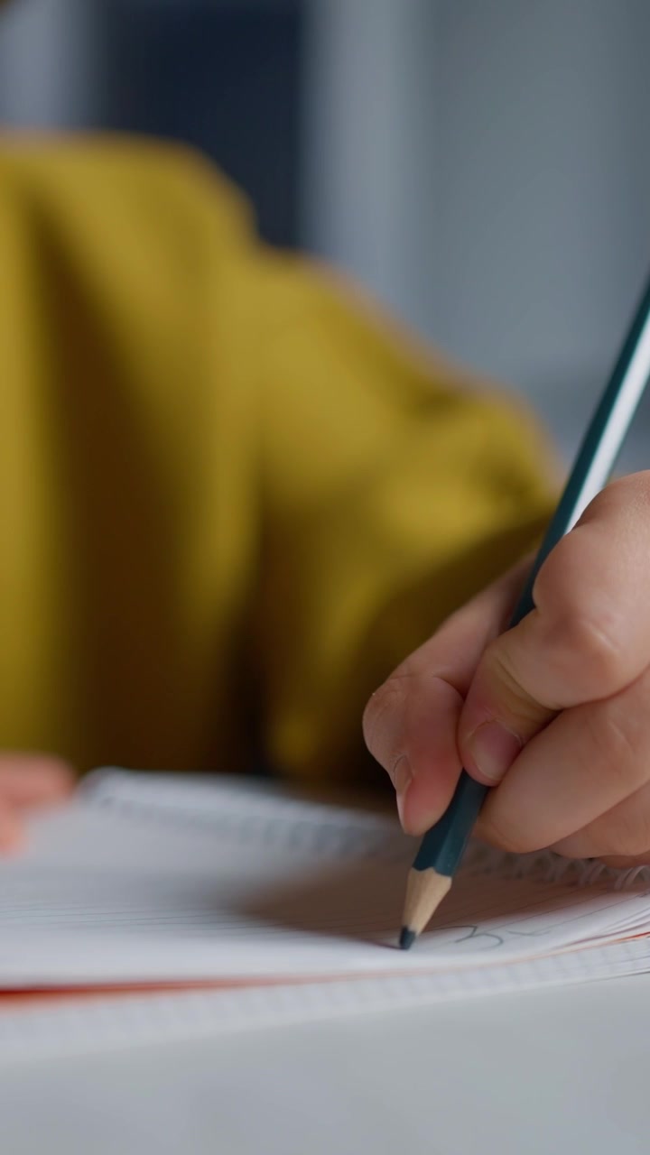 Primo piano di una mano che scrive con una matita su un quaderno