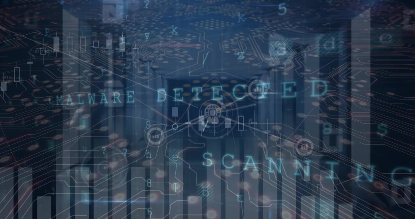 Animation of computer circuit board over network of connections with icons and server room