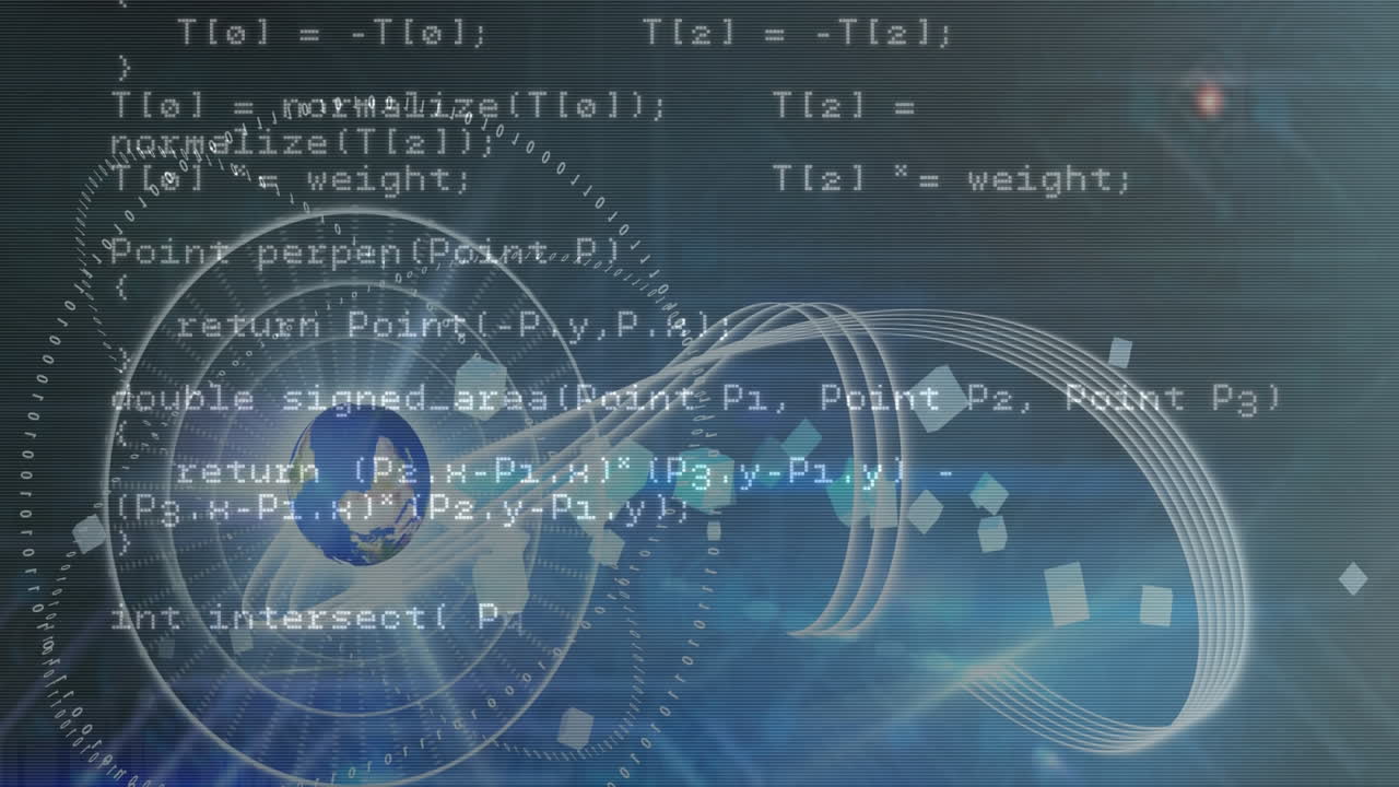Animation of computer language over circles and wave pattern against abstract background