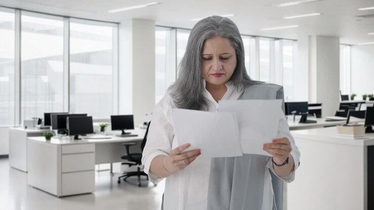 directora india senior leyendo informes de negocios