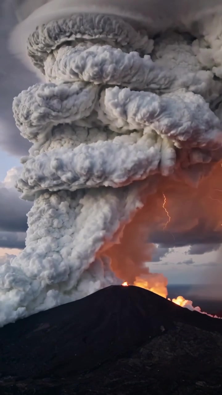 Video verticale: Cono in eruzione che invia una colonna di cenere verso il cielo dalla cresta, bagliore della bocca che sale con fulmini