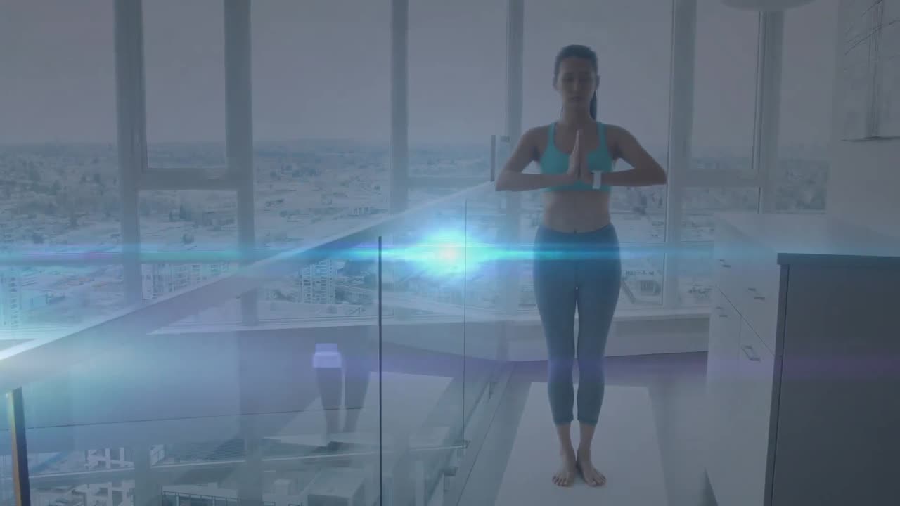 animación de puntos de luz azul que se mueven sobre una mujer asiática en forma practicando yoga en casa