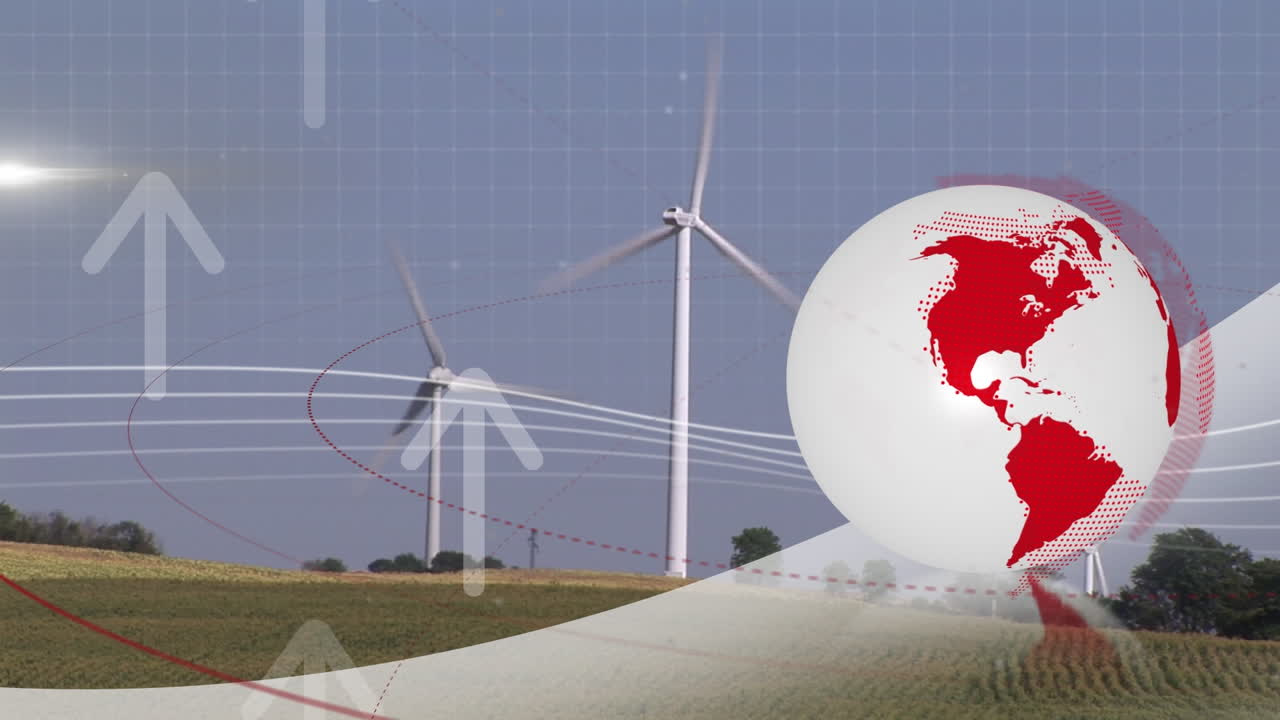 풍력 터빈 위의 지구와 화살표의 애니메이션