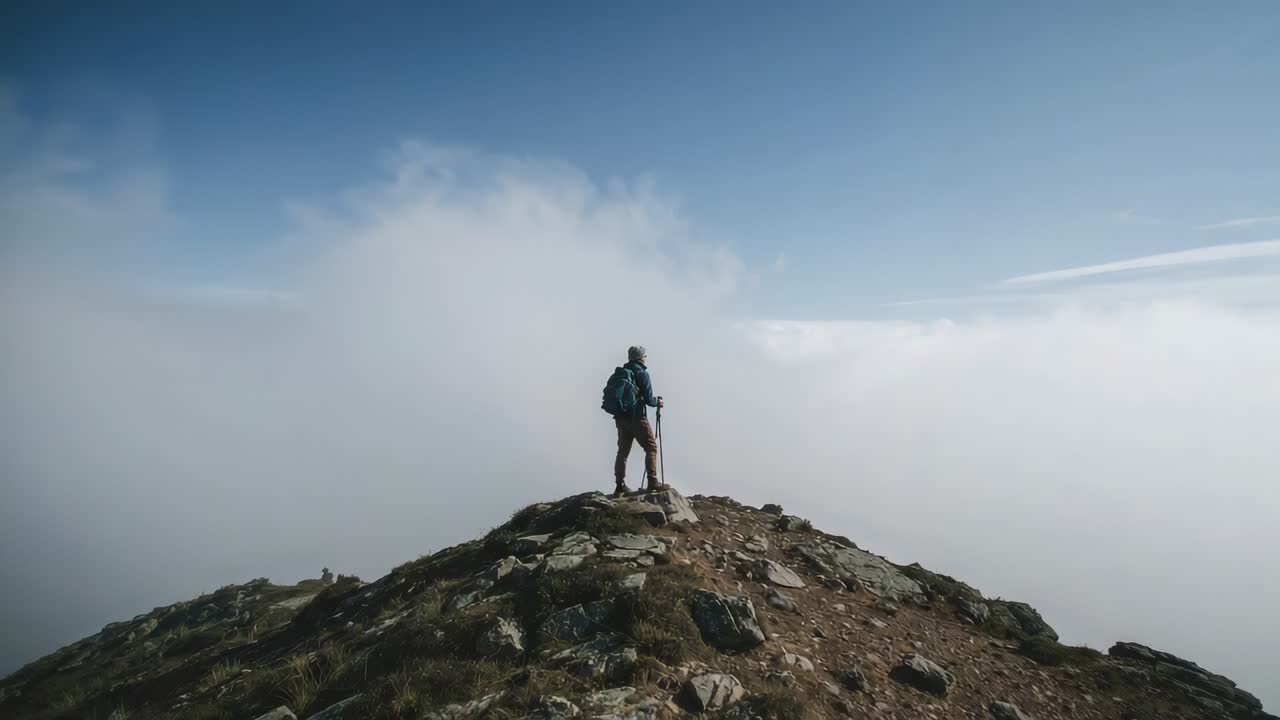 Reaching rocky summit, hiker standing on ridge surveying fog bank below with pack, poles, jacket