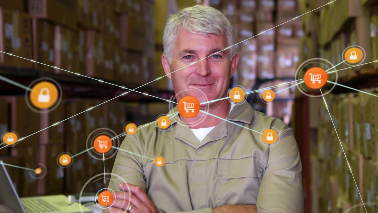 Manager standing, chest icon appearing, sparking cart and lock nodes over laptop, securing commerce