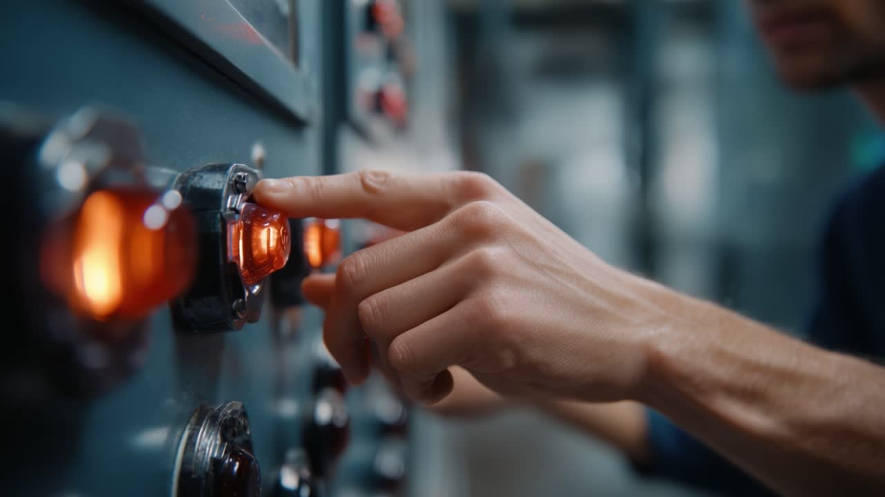A close-up view of a hand pressing a control button on an industrial machine, highlighting the intricacies of operation and technology within a controlled environment