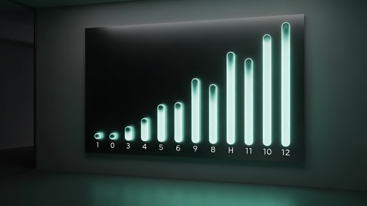 A Futuristic Display of Progress: A Series of Glowing Bars Illustrating Data Trends and Growth Over Time in a Contemporary Setting