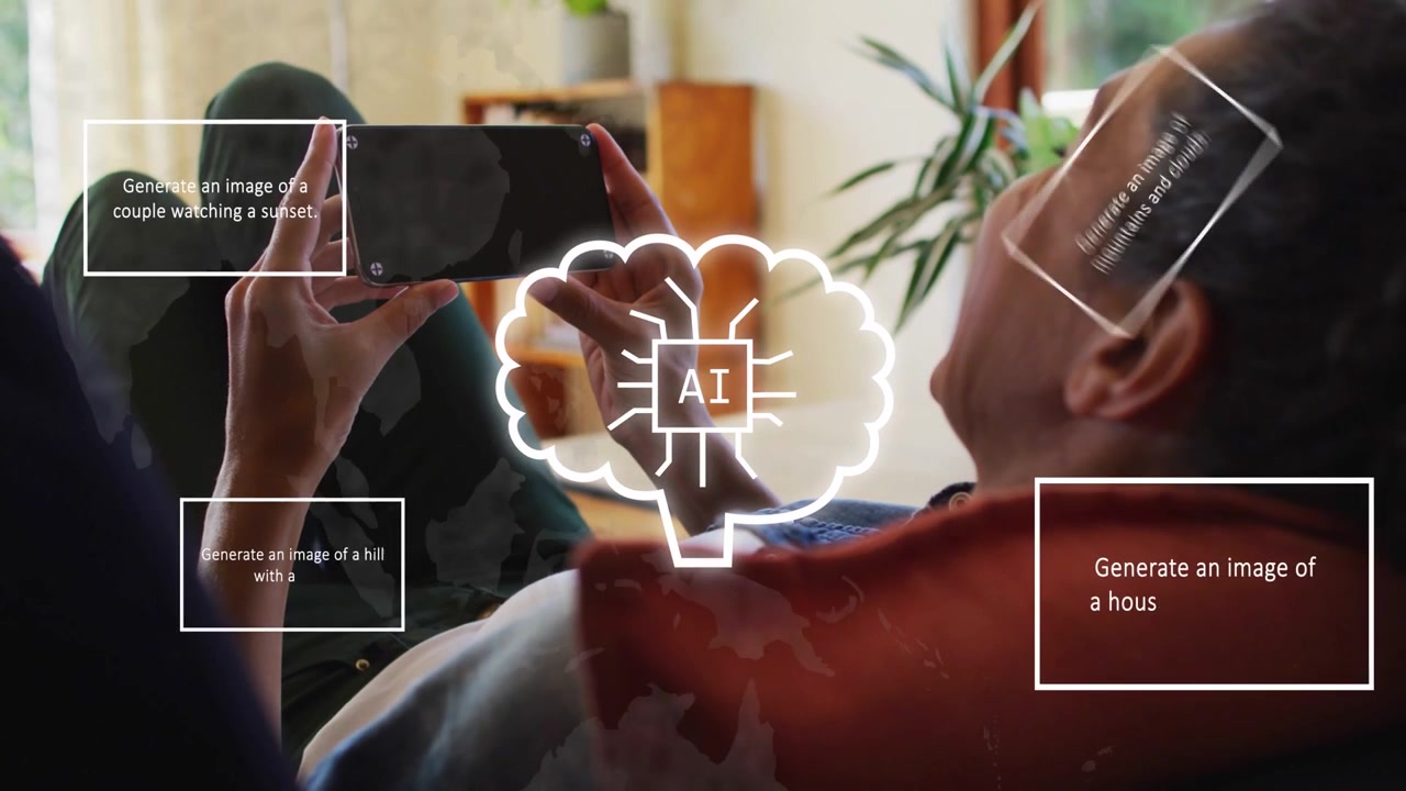 Woman reclining on sofa holding phone starting AI-brain, adding UI boxes for making art then fading