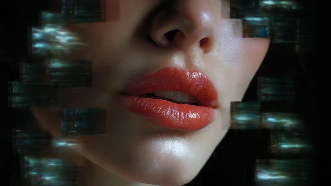 Close-up de Lábios Brilhantes com Distorção Digital, Fundindo Beleza e Tecnologia em uma Experiência Visual Cativante Que Explora a Estética e Identidade Modernas