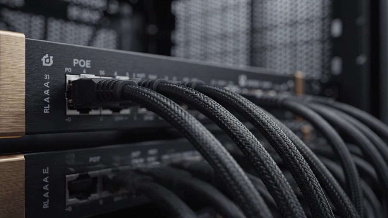Detailed Close-up of Network Switch with POE Functionality and Multiple Cables for High-Speed Data Connectivity in a Server Rack Environment