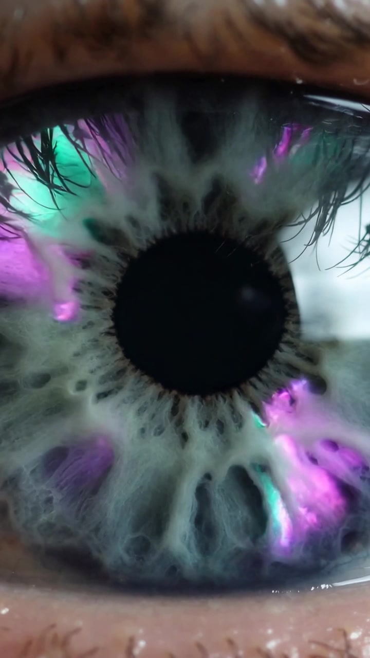 Vertical video: Shifting LED light moving across human iris showing purple teal highlights in macro