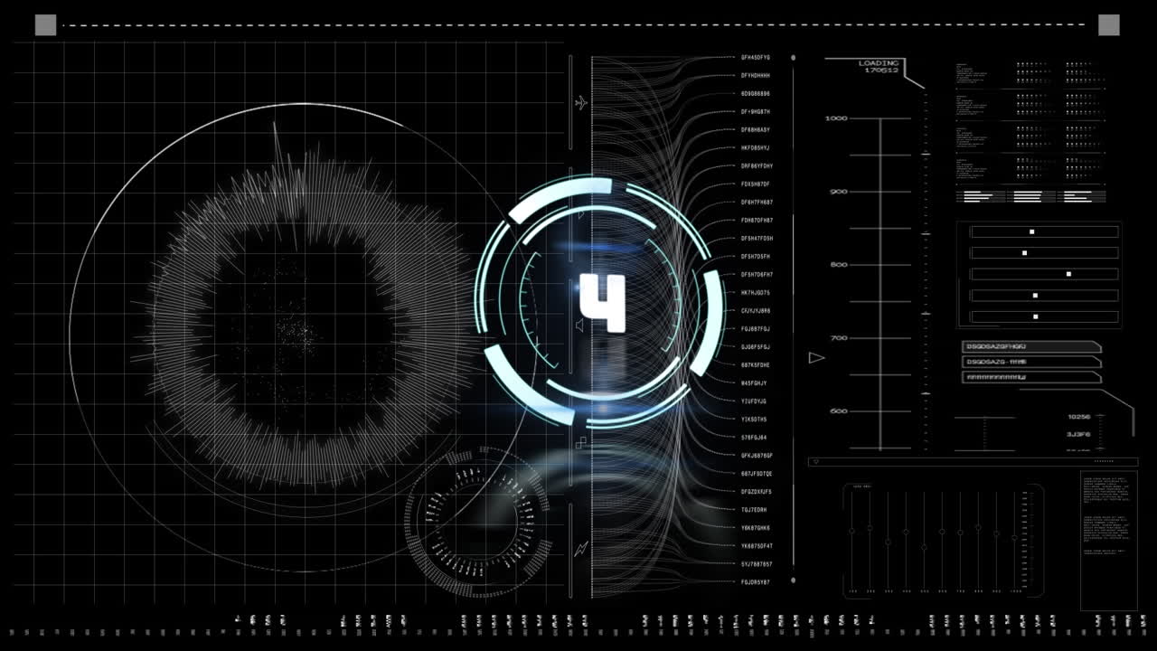 Animation of scope scanning with countdown over data processing on black background