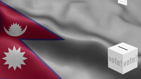 ballots fly to box for nepal selection - ballot box in front of flag - election - vote - flag of nepal - nepal flag high detail - national flag nepal wave pattern loopable elements - fabric texture and endless loop