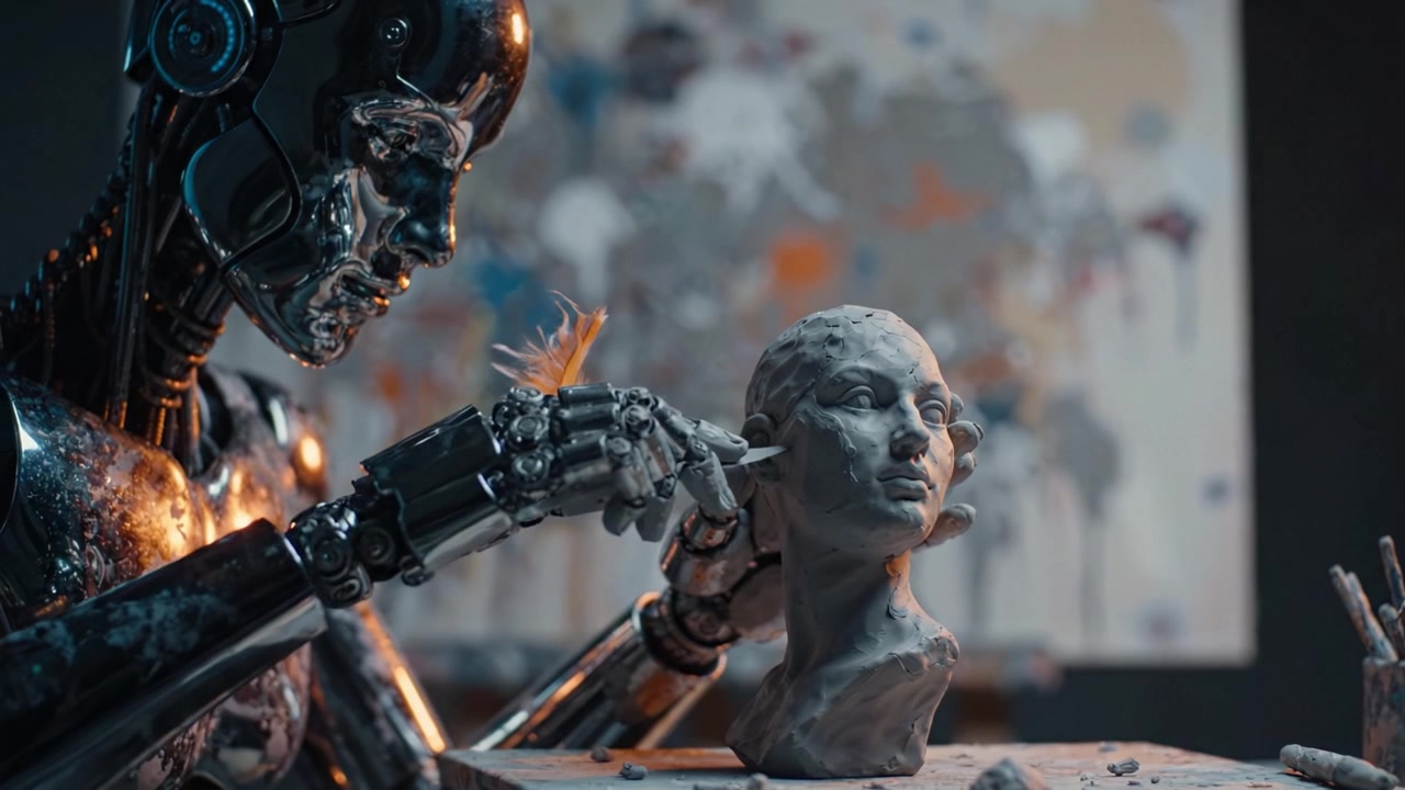 A Robotic Sculptor Perfects a Clay Bust: An Intriguing Glimpse into Art and Technology Merging in a Captivating Creative Process and Masterful Craftsmanship