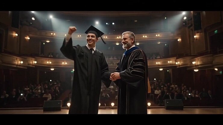 Laureato che stringe la mano al professore sul palco durante la cerimonia di consegna dei diplomi