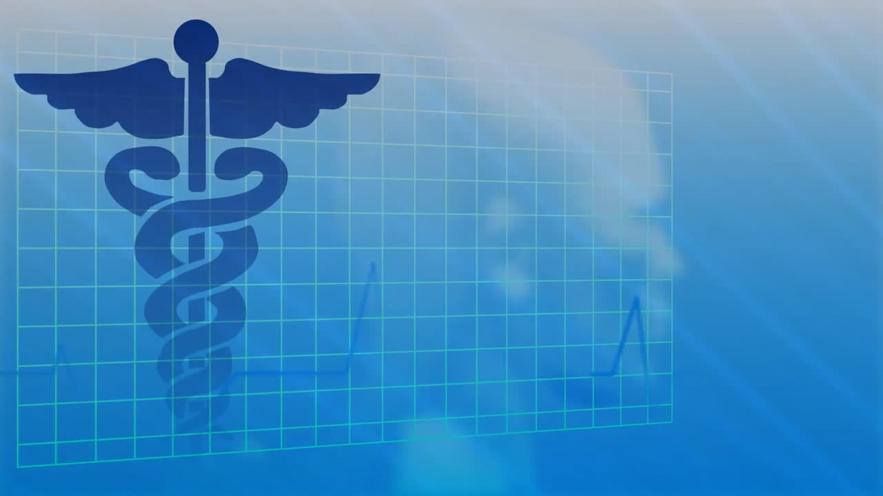 animación de símbolo médico y gráfico de cuadrícula sobre fondo azul con nubes
