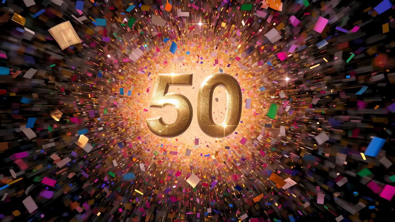 Bursting bright core sending confetti, revealing gold 50 in studio render, marking anniversary