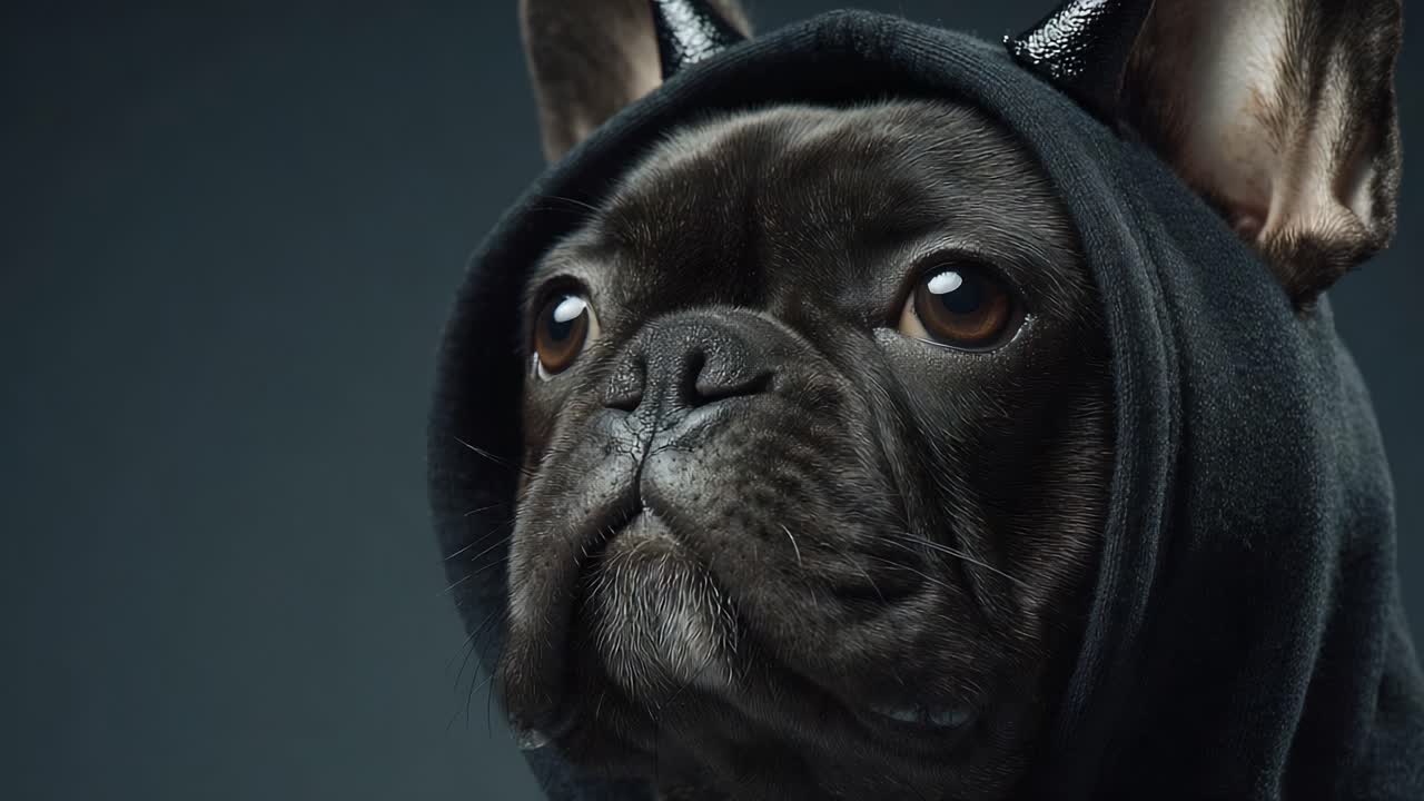 A French Bulldog in a Stylish Hood with Horns, Showcasing a Unique Expression and Lively Eyes Against a Dark Background