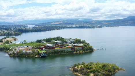 aerial fly around hobart mona old and new art museum in australia, 4k drone